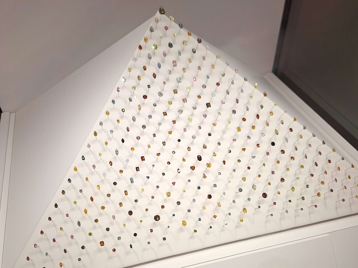 A triangular display featuring a diverse collection of colorful gemstones arranged in a pyramid shape, representing the variety and brilliance of April’s Birthstones.