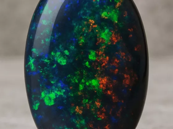 A polished oval opal black gemstone displaying vibrant flashes of green, blue, and red colors against a dark background, highlighting the unique play-of-color characteristic of black gemstones.