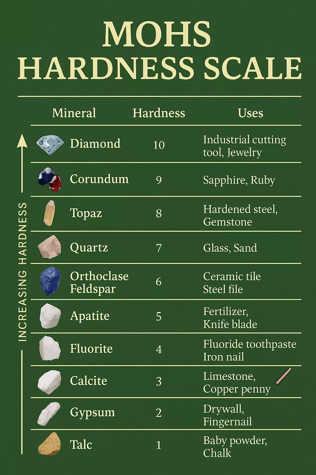 A diagram of the Mohs scale of mineral hardness, showing ten minerals ranked from softest (talc, 1) to hardest (diamond, 10), with each mineral able to scratch those below it but not those above.