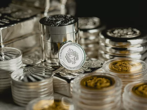 Investing in Physical Gold and Silver: Stacks of Scottsdale Mint silver and gold coins and bars, featuring the crowned lion emblem, arranged in a luxurious display.