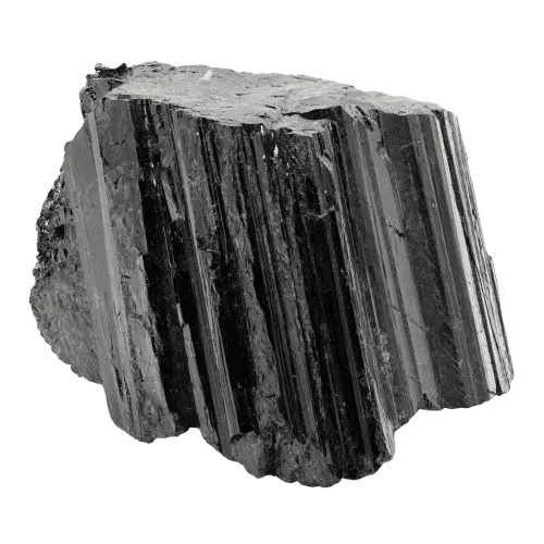 A rough, natural black tourmaline crystal with striated, glossy surfaces, representing one of the most popular black gemstones.