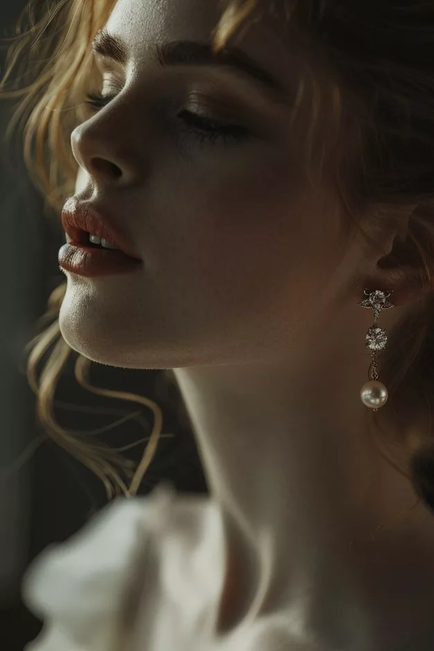 Close-up portrait of a woman with soft makeup and elegant pearl drop earrings, bathed in moody, natural light.