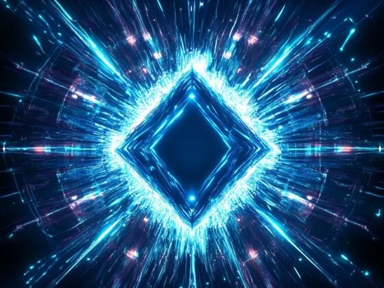 A glowing blue diamond-shaped digital structure with radiant light beams and abstract energy lines, representing AI-powered gemstone flaw detection technology.