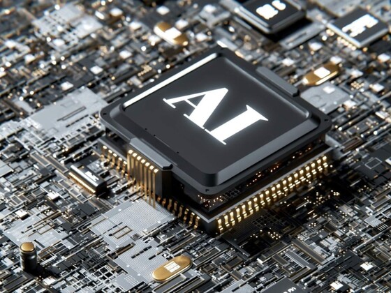 A close-up view of a computer microchip labeled "AI" on a complex circuit board, symbolizing the advanced technology behind AI Gemstone Grading Tools.