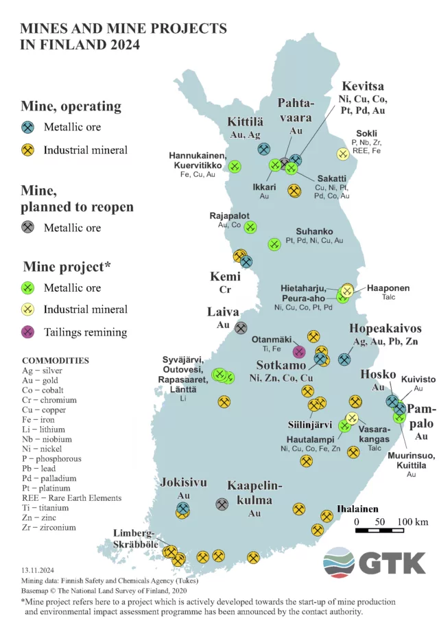 Map of Finland showing operating mines, planned reopenings, and mine projects for 2024, including metallic ore, industrial minerals, and tailings re-mining. Key locations include Kittilä, Kevitsa, Sakatti, Suhanko, Sotkamo, and more. Commodities listed include gold, nickel, cobalt, lithium, and others. The map is produced by GTK and TUKES.