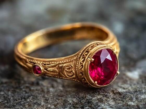 A vintage gold ring with intricate engravings, set with a vivid red ruby as the centerpiece and a smaller ruby on the band, beautifully representing the July birthstone.