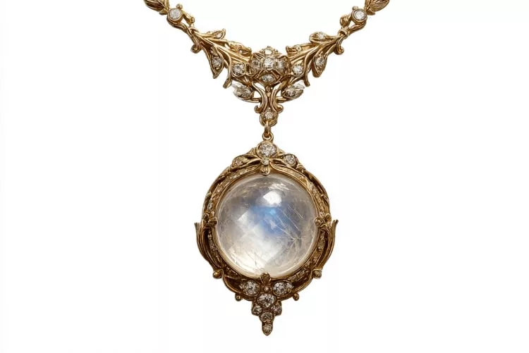 An ornate Art Nouveau necklace featuring a large, round moonstone cabochon surrounded by intricate gold floral motifs and set with sparkling diamonds, beautifully representing June birthstones and moonstone.