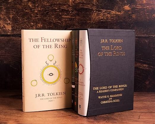 A beautifully arranged copy of The Lord of the Rings Boxed Set, featuring elegant covers for all three volumes of Tolkien's epic saga.