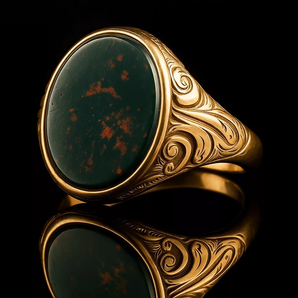 A vintage gold ring set with an oval bloodstone, featuring deep green hues with distinctive red speckles, beautifully engraved with swirling patterns, representing march birthstones bloodstone.