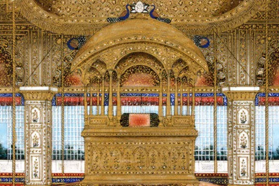 Ornate depiction of the Mughal Peacock Throne, featuring intricate gold detailing, arches, and two peacocks atop the canopy.