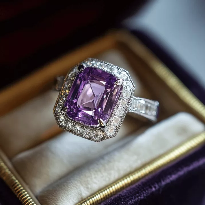 A luxurious ring featuring a cushion-cut purple spinel gemstone surrounded by a halo of sparkling diamonds, set in a platinum band and elegantly displayed in a velvet ring box, exemplifying Purple Gemstones: Purple Spinel