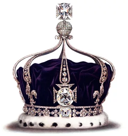 Queen Mary’s Crown adorned with the Koh-i-Noor diamond, featuring a large, oval-cut central diamond surrounded by smaller brilliant-cut diamonds, set on a purple velvet cap with an ermine fur trim.