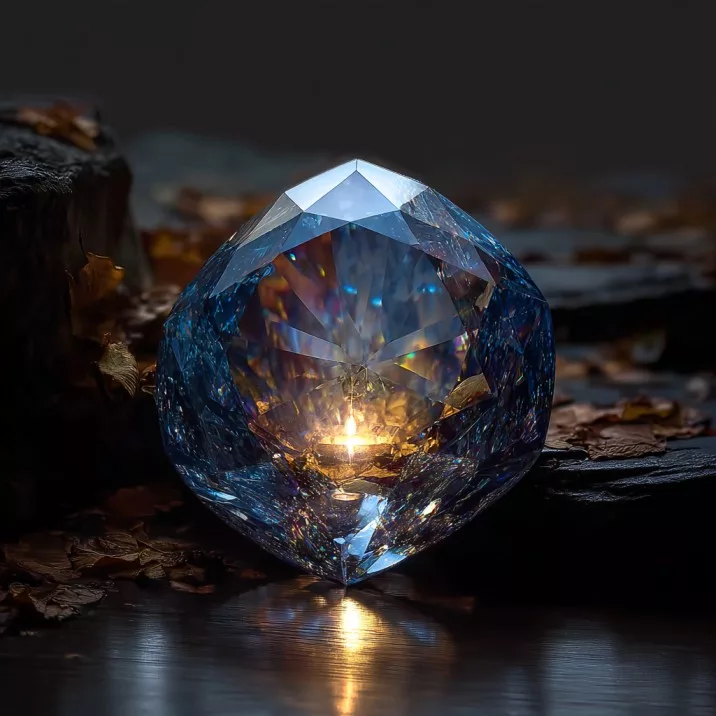 A radiant, faceted gemstone glowing with inner light, reminiscent of Tolkien's gemstones, resting on a dark forest floor with autumn leaves.