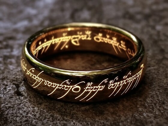A close-up of the One Ring from Tolkien's gemstones collection, glowing with Elvish inscription