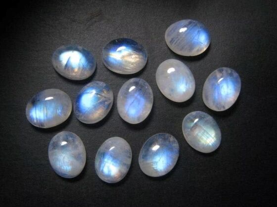 A collection of polished moonstone cabochons showing a translucent body and a captivating blue adularescence, arranged on a dark background.
