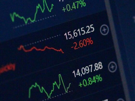 A digital screen displaying stock market indices, line charts, and percentage changes, highlighting both gains and losses in financial markets.
