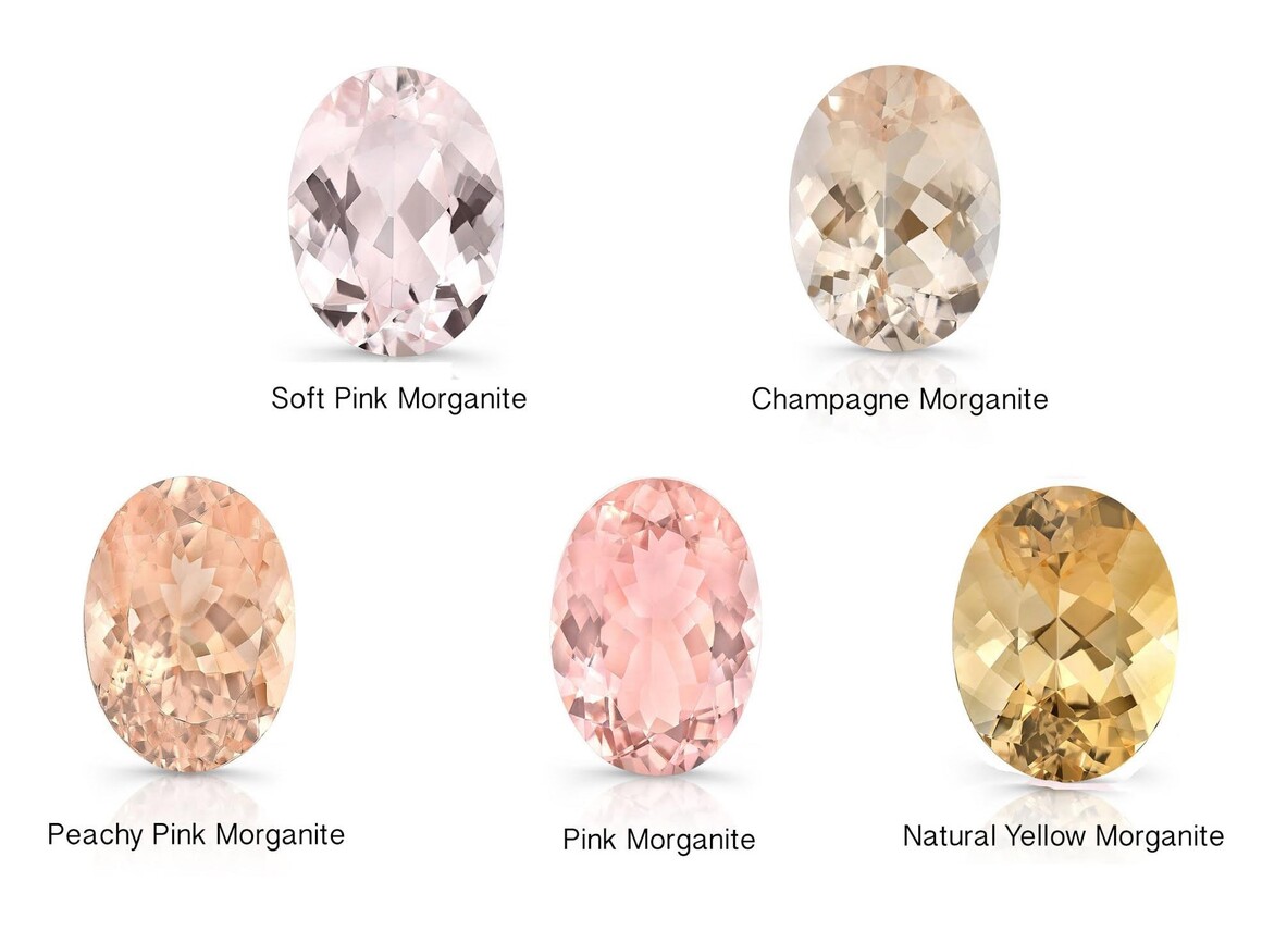 A selection of five oval-cut morganite gemstones in various shades, including soft pink, champagne, peachy pink, vivid pink, and natural yellow.