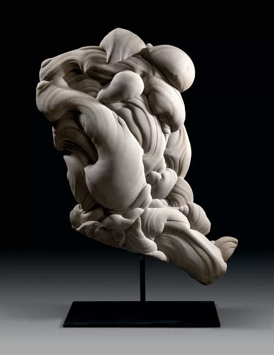 A large gogotte formation with intricate, swirling, and bulbous sandstone contours, displaying layered textures and cloud-like shapes, shown against a neutral background.