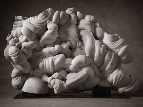 A large gogotte formation with intricate, swirling, and bulbous sandstone contours, displaying layered textures and cloud-like shapes, shown against a neutral background.