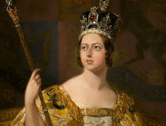 Detail of Queen Victoria wearing the Imperial State Crown, which features the Black Prince's Ruby, a historic red spinel.