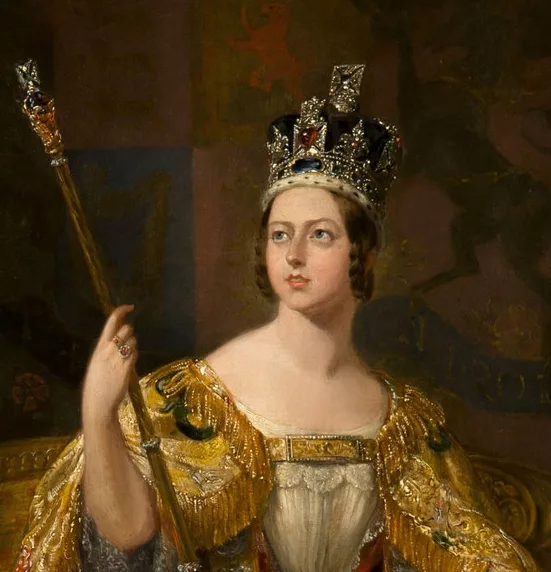 Detail of Queen Victoria wearing the Imperial State Crown, which features the Black Prince's Ruby, a historic red spinel.