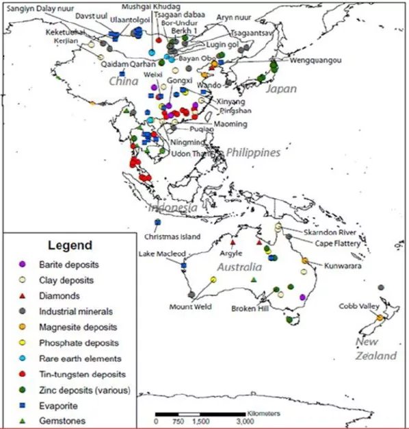 A detailed map of the Asia-Pacific region showing various mineral deposit sites marked with different colored symbols representing barite, clay, diamonds, industrial minerals, magnesite, phosphate, rare earth elements, tin-tungsten, zinc, evaporite, and gemstones across countries including China, Japan, Philippines, Indonesia, Australia, and New Zealand.