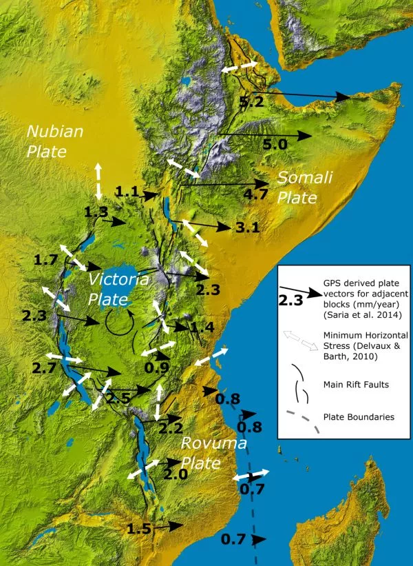 Topographic map of the East African Rift Valley showing GPS-derived plate motion vectors, rift faults, and plate boundaries in Eastern Africa with labeled Nubian, Somali, Victoria, and Rovuma Plates.