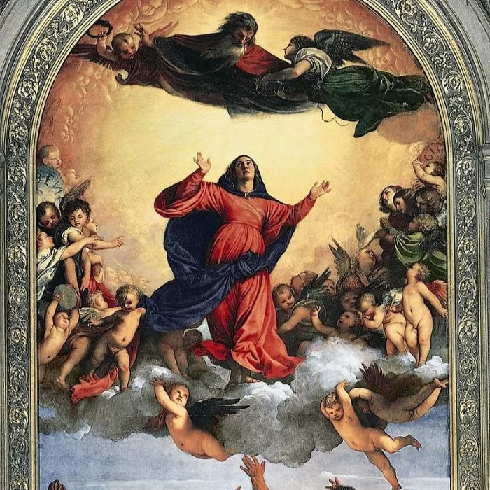 The Venetian painter Titian used vermilion for dramatic effect. In the Assumption of the Virgin (1516–18), the vermilion robes draw the eye to the main characters.