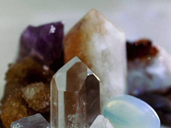 A cluster of polished crystals and gemstones, including clear quartz, amethyst, and citrine, arranged together and softly lit, representing 'Astrology and Gemstones' connections.