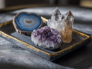 A designer tray featuring a polished blue agate slice, amethyst cluster, and clear quartz points, elegantly arranged to showcase the use of crystals in home decor.